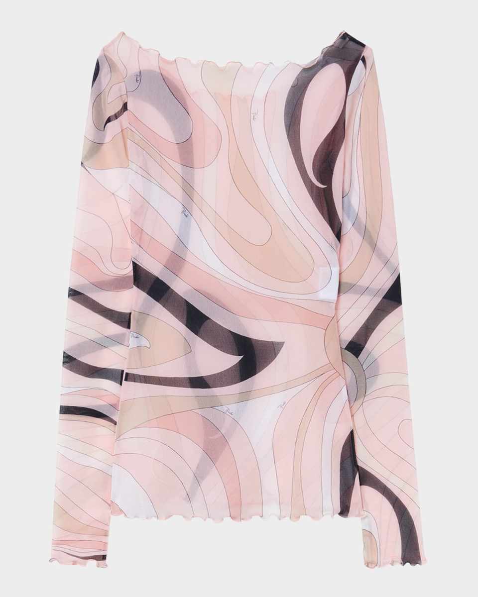 Boat-Neck Marmo-Print Mesh T-Shirt